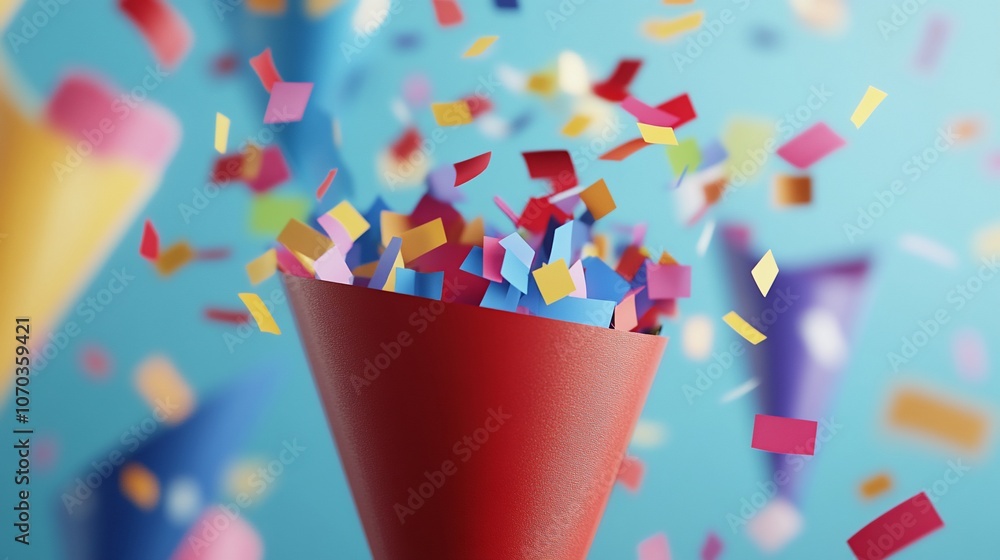 Poster red party cone with confetti exploding on blue background.