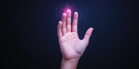 Fototapeta premium A hand reaches out towards a glowing pink light amidst a dark background, symbolizing connection and the power of imagination.