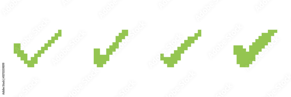 Poster pixel art green check marks set in various shapes. validation and confirmation symbol collection. su