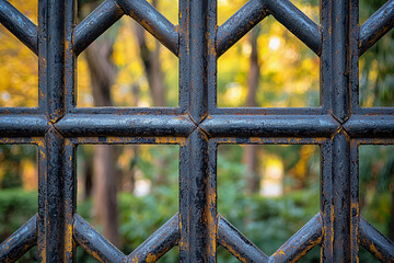 Rusty metal lattice fence with blurred garden background in autumn
