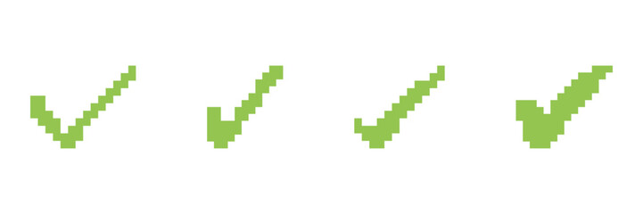 Fototapeta premium Pixel Art Green Check Marks Set in Various Shapes. Validation and Confirmation Symbol Collection. Success and Approval Sign. Isolated Vector Illustration