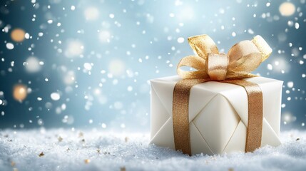 Creamy white gift with a soft gold ribbon on a soft blue background, warm elegance