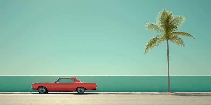 A vibrant red car parked by a palm tree alongside a serene blue ocean under a clear sky, evoking a tropical, leisurely atmosphere.