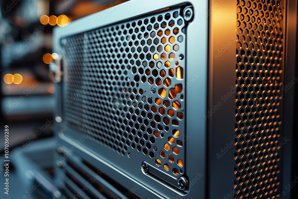 Poster close-up view of a modern computer case showcasing cooling design