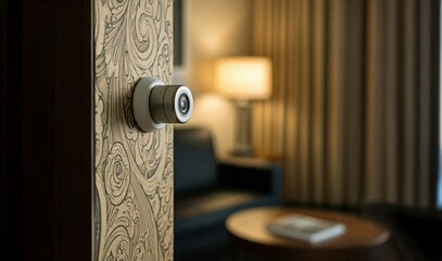 Hidden Small Security Camera Attached to Wall in a Luxury Hotel Room Background