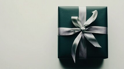 Deep green present with a thin metallic silver ribbon on a white background, simple holiday luxury