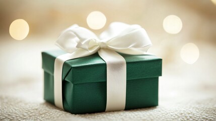 Obraz premium Elegant green gift with a white satin bow on a soft cream background, festive yet minimal