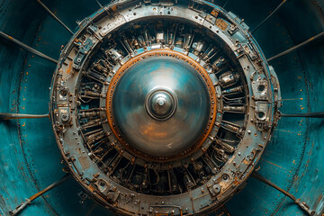 Obraz premium Detailed view of a jet engine turbine in an aircraft workshop