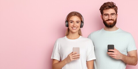 A smiling couple wearing headphones, holding smartphones against a soft pink backdrop, exuding a vibe of music enjoyment and carefree moments.