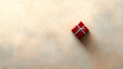 Naklejka premium Miniature red present with a single silver stripe on a light beige background, minimal with a touch of holiday sparkle