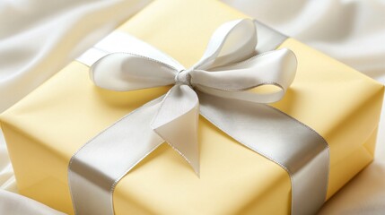Pale yellow gift with a thin silver ribbon on a soft white background, gentle and elegant