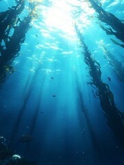 Fototapeta premium Sunlight streams through kelp forest under the sea, showcasing vibrant marine life and the beauty of underwater ecosystems