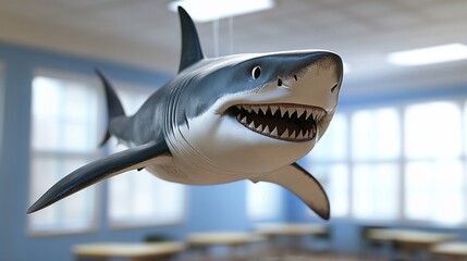 A large, white shark hangs from the ceiling of an empty classroom, its toothy grin facing the camera.
