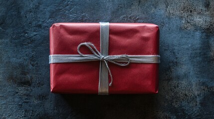 Plain red gift with no bow, only a silver stripe on one side on a charcoal background, modern minimalism