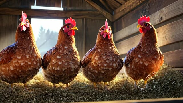 Charming scene of four chickens posing together in their coop