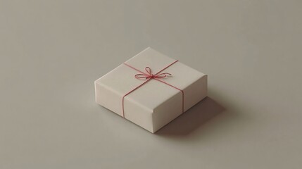 Pure white square gift box with a tiny red string bow on a soft gray background, sleek and elegant
