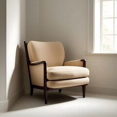 Fototapeta premium Retro Armchair in a Simple Corner: A single retro armchair with wooden legs and upholstered in a warm, neutral fabric, placed in a quiet corner of a minimalist room.