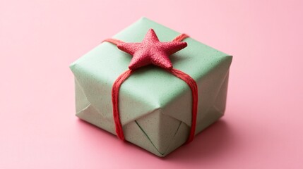 Obraz premium Small green gift with a single red star on it on a soft pink background, playful holiday elegance