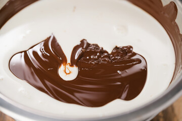 adding cream into melted chocolate