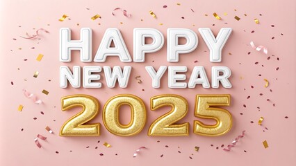 "Elegant New Year 2025 Greeting with Gold and White Glossy Text on Pastel Pink"

