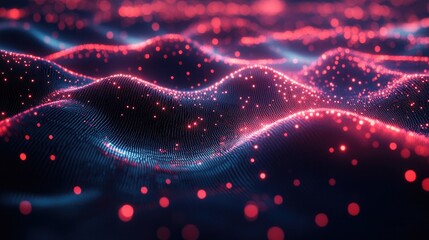 Abstract Visualization of Flowing Digital Data Waves with Red and Blue Glowing Dots, Representing Futuristic Technology, Network Connectivity, and Modern Digital Innovation