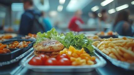 Beautifully arranged lunch box The background is a blurred university cafeteria. Gives a feeling of care and attention to detail. It can be used to promote catering services or recommend food menus.
