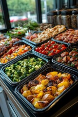 Obraz premium Beautifully arranged lunch box The background is a blurred university cafeteria. Gives a feeling of care and attention to detail. It can be used to promote catering services or recommend food menus.