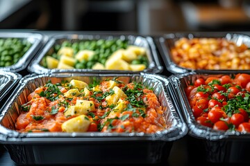 Beautifully arranged lunch box The background is a blurred university cafeteria. Gives a feeling of care and attention to detail. It can be used to promote catering services or recommend food menus.