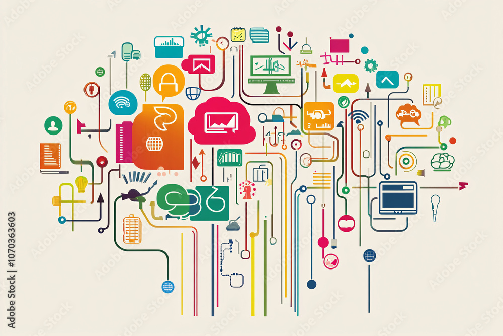 Poster a colorful brain-shaped network of icons and connections representing ideas and technology on a beig