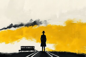 Fototapeta premium Minimalist Man in Black Suit and Hat Standing on Road with Train Car and Cloudy Sky in Yellow and Gray Color Scheme