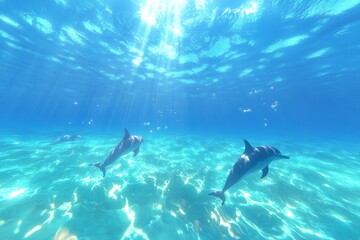 Dolphins swimming gracefully in transparent blue waters during a sunlit afternoon in the ocean