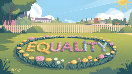 The word &ldquo;Equality&rdquo;, written in flowers on a picturesque field, symbolizes social justice and peace