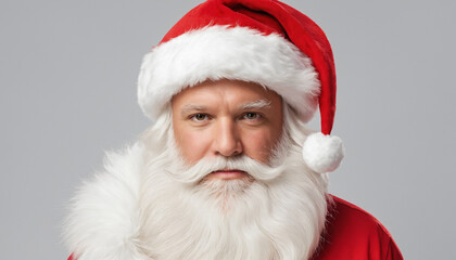 Man wearing Santa Claus costume with red hat and white beard on grey background. Studio portrait. Christmas holiday concept. Design for greeting card, invitation, poster, banner, and print.