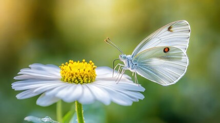 A white butterfly with orange spots on its wings sits on a daisy in a field.