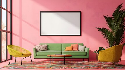 Living room with pink walls, a green sofa, and a colourful rug, featuring bold, eclectic decor that combines vibrant tones and modern design elements for a playful yet stylish look