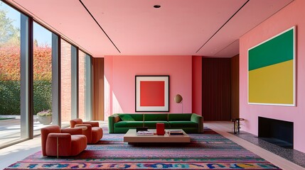 Living room with pink walls, a green sofa, and a colourful rug, featuring bold, eclectic decor that combines vibrant tones and modern design elements for a playful yet stylish look