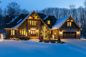 A beautiful house decorated with Christmas lights, with white walls and a roof covered in snow, surrounded by trees and shrubs. The scene is illuminated by the warm light of festive decorations on its