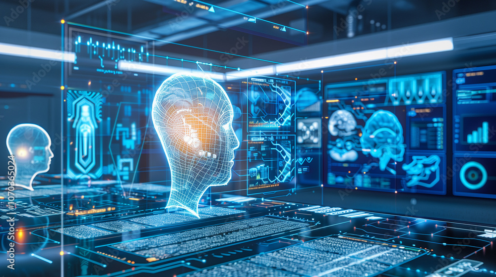 Poster futuristic lab with 3d holographic displays showcasing cybersecurity graphs, biometric data, and vir