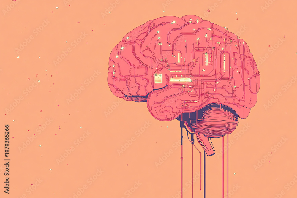 Poster a stylized digital illustration of a brain connected with wires on a soft pink background representi