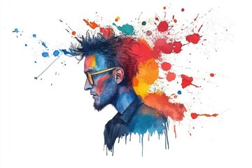 Naklejka premium Creative Mental Health Care for Adults: Colorful Watercolor Illustration of Man with Tilted Head and Paint Splashes on White Background