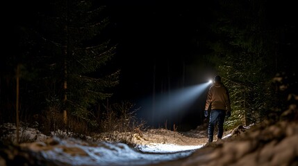 Obraz premium Man shining a flashlight toward the sky in the night, creating a beam of light that cuts through the darkness, evoking a sense of adventure or exploration under the stars