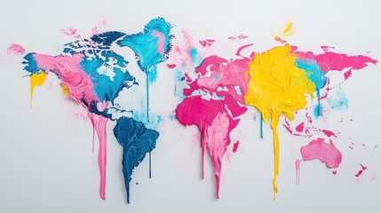Fototapeta premium A detailed mural of a world map features vibrant pink, yellow, and blue paint. The artistic design shows melting paint drips, enhancing the colorful presentation in a creative space.