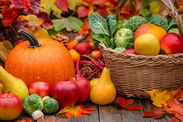 Autumn Harvest Mockup with Vegetables and Fruits. Beautiful scene with pumpkins, veggies, and fruits in a Thanksgiving setting, perfect for seasonal backgrounds, ads, and designs, mockup