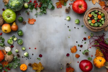 Autumn Harvest Mockup with Vegetables and Fruits. Beautiful scene with pumpkins, veggies, and fruits in a Thanksgiving setting, perfect for seasonal backgrounds, ads, and designs, mockup
