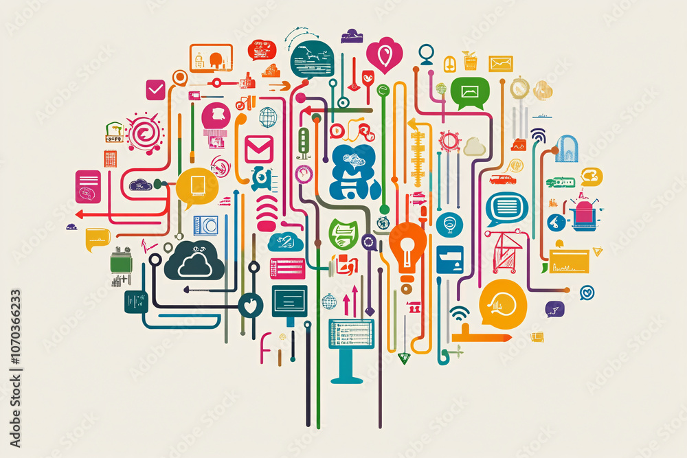 Poster a colorful illustration of a brain made of connected technology icons representing networks communic