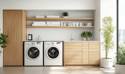 Modern laundry room with two washing machines.
