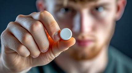 The image shows a close up shot of a young mans hand holding a round, white medicine tablet between his thumb and index finger