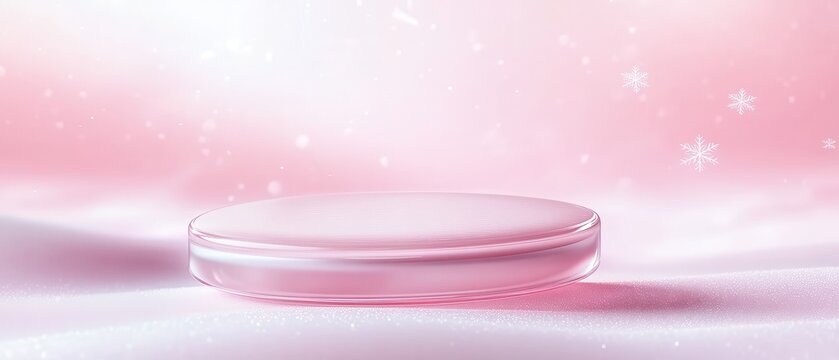 A pink square with snowflakes in the background