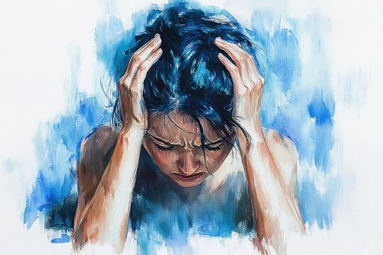 Despairing Woman with Blue Hair - Emotional Watercolor Portrait of Sadness and Anguish