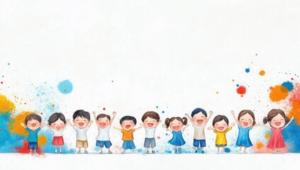 Fototapeta premium Joyful Kids Celebrating with Watercolor Background - Vector Illustration with Minimalist Lines and High-End Color Scheme